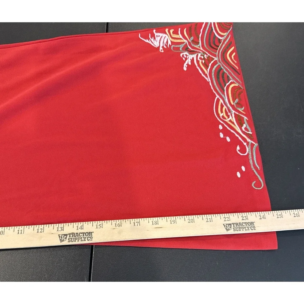 Womens XS Red Knit Wide‎ Flare Leg Pants Embroidered Hem Pocket Asian Style Boho